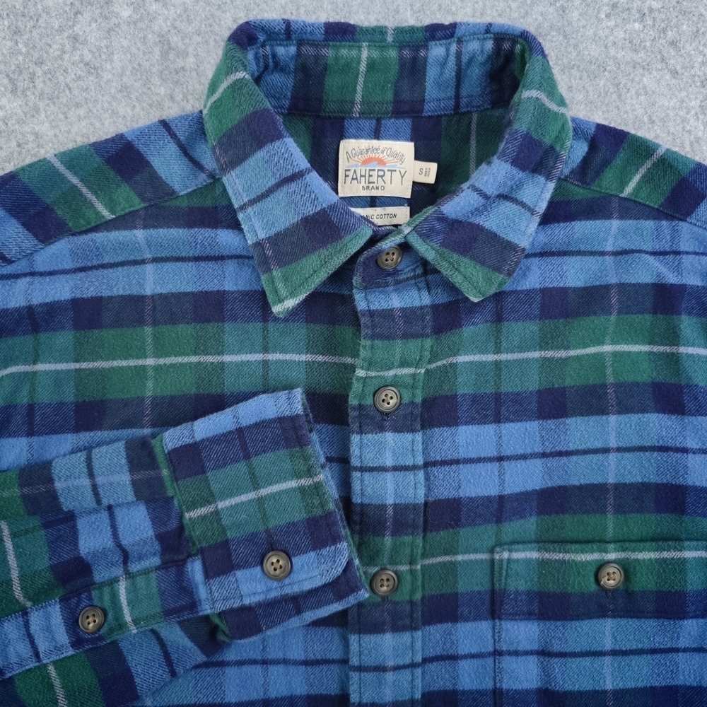 Faherty Flannel Shirt Mens Small Blue Green Plaid Organic Cotton Stretch Pocket